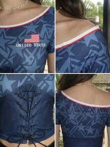 女款休閒 US Team Logo 透氣網布不對稱領口交叉設計修身短版 T-shirt，夏季度假可愛外出上衣，Coquette 風格 - 藍色 - 查看 7