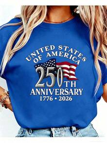 Women 250th Anniversary American Flag Tee, 1776-2026 250 Years Independence 4th Of July Casual Crew Neck Short Sleeve Graphic T Shirt - 藍色2 - 查看 1