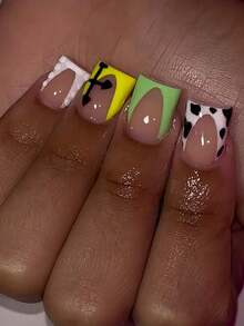 24pcs Short Square Glossy Nail Stickers, Featuring Playful French Stiletto Design In Pink, Green, Yellow And Cow Print Patterns, Accented With Dotted Texture And Cross Details. The Set Includes 1pc Jelly Nail And 1pc Nail File, Ideal For Girls And Women To Wear Daily, Parties And Celebrations. - Multicolor - View 3