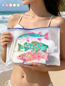 防水海灘化妝包，可愛魚類圖案，彩色網格化妝包，大容量便攜化妝收納包，透氣海灘盥洗包，夏季熱帶風旅行收納包，多功能盥洗包，適用於游泳、度假、大學宿舍、浴室、化妝品、護膚品、配件、文具、海灘用品，可愛學院風，獨特教師節禮物、生日禮物、節日禮物、派對禮物、度假禮物、婚禮禮物、開學禮物 - 彩色 - 查看 9