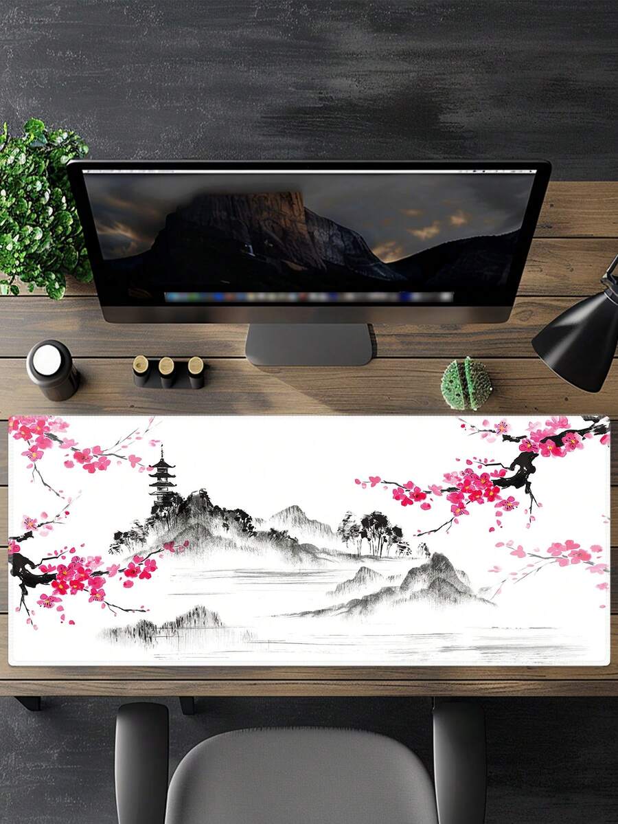 Lót chuột chơi game, Lót chuột lớn, Lót bàn phím dài, Thảm chuột dễ thương cho máy tính với các cạnh được khâu và đế chống trượt (Hoa anh đào hồng) - Xem 1