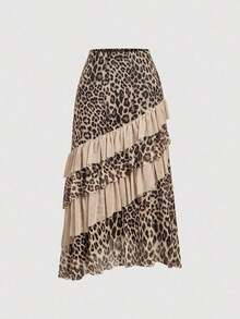 MOD Minifalda con volantes y estampado de leopardo de moda para mujer, verano - Marrón Mocha - Ver 1