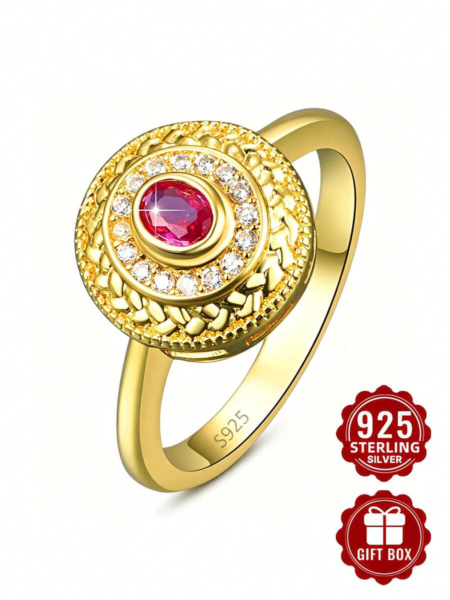 1pc 925 Sterling Silver Ring, Inlaid With Rose Red Synthetic Cubic Zirconia, Size 6-10, Suitable For Daily Wear, Comes With Gift Box - Gold - View 1