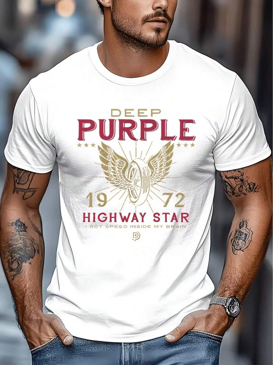 Camiseta Vintage Morada Oscura para Hombre - Camiseta de Manga Corta con Estampado Retro, Icónica, Adecuada para Uso Casual, Conciertos y Actividades al Aire Libre, Lavable a Máquina - Blanco - Ver 1