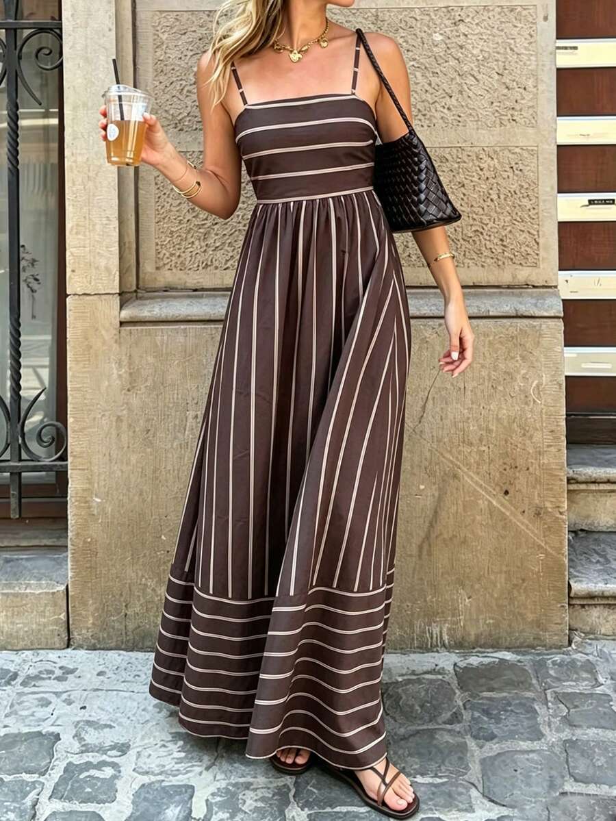 Casual Vacation Striped Spaghetti Strap Backless Waist Tie Dress - Brown - View 1