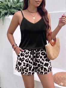 Plus Size Women's V-Neck Camisole And Leopard Print Drawstring Shorts Set, Casual Spring/Summer 2-Piece Outfit Elegant - Multicolor - View 4