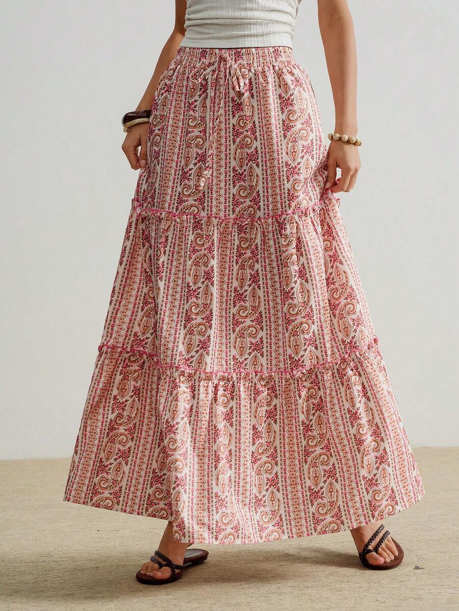 Rusttydustty Chân váy Bohemian nữ cho kỳ nghỉ Xuân/Hè & mặc hàng ngày, chân váy lễ hội tháng 6, quần áo nữ lễ hội tháng 6, trang phục ngoài trời màu hồng - Hồng - Xem 1