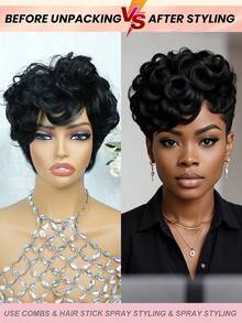 Layered Short Loose Curly Pixie Cut Human Hair Wig For Women Natural Black Colored Human Hair Wig With Bangs Remy Peruvian Human Hair Wig Elastic Net Full Machine Made Holiday Wear Party Wear Simple Vacation Daily Holiday - Natural Black - View 5