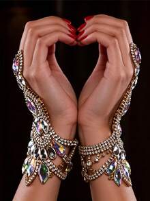 1pc Belly Dance Hand Accessory, Suitable For Women's Party & Adult Performance, Rhinestone Bracelet Finger Chain - Silver - View 3