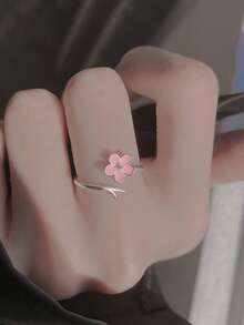 1pc Elegant Minimalist Pink Peach Blossom Ring, Versatile Sweet Floral Ring For Friends, Students - Antique Silver - View 3