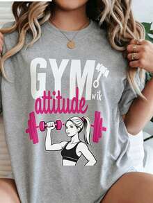 Women's T-Shirt With Gym Print | Slogan: GYM Attitude With Girl Lifting Weights, White And Pink Colors, Background, Durable Printing Process, Fitness Style - 黑色 - 查看 7