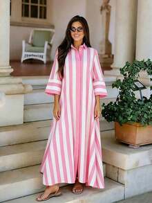 Vestido largo para mujer, con diseño de rayas anchas y bloques de color, adecuado para el uso en el festival de Eid Al-Adha en primavera/verano en color rojo - Rosa - Ver 4