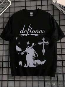 1 Piece Deftone Rock Classic Print Cotton Graphic T-Shirt, Men's T-Shirt, Retro Cross Print T-Shirt, Loose Fit, Short Sleeve, Y2K Style, Men's Plus Sizes S-5XL, Summer T-Shirts, Women's Summer Sets, Korean Fashion, WN8C180g 100% Cotton. - 黑色 - 查看 1