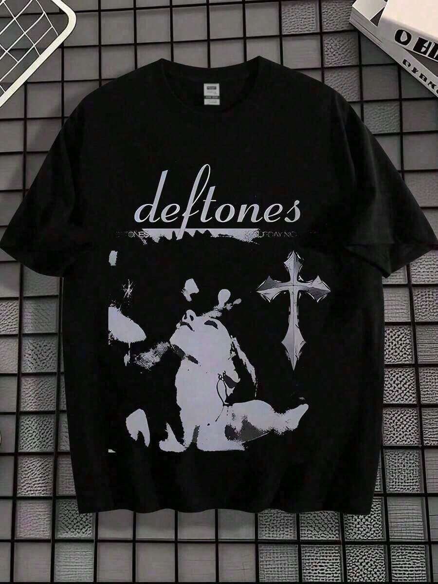 1 Piece Deftone Rock Classic Print Cotton Graphic T-Shirt, Men's T-Shirt, Retro Cross Print T-Shirt, Loose Fit, Short Sleeve, Y2K Style, Men's Plus Sizes S-5XL, Summer T-Shirts, Women's Summer Sets, Korean Fashion, WN8C180g 100% Cotton. - 黑色 - 查看 1