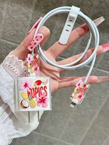 Tropical Fruit & Floral Pattern Data Cable Charger Protective Case, Data Cable Organizer, High Quality, Suitable For IPhone 17 16 15 14 13 12 11, 20W Charger Adapter - Multicolor - View 4