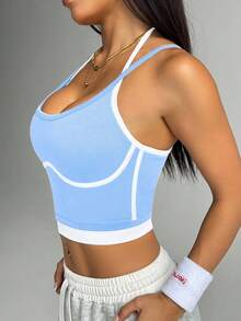 Women's High Elasticity Nylon Sports Vest - Breathable Contrast Color Fitness Top, Seamless Splicing Design, Suitable For Yoga, Pilates, Daily Fitness - Shaping Style And Beautiful Back Support, Simple Style, Comfortable Fit, Pressure-Free Support - 藍色 - 查看 7