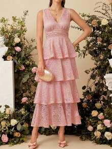xheEllevyn Vestido de falda larga y elegante para mujer, vestido de diosa con cuello en V y cintura elástica, adecuado para banquetes y fiestas en otoño/invierno, color marrónxhe - Rosa - Ver 4
