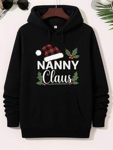 Plus Size Fleece Hoodie Featuring Nanny Claus, Perfect For The Christmas Season.This Stretchable Hoodie Is Designed For Streetwear Enthusiasts And Includes Humorous Slogans, Making It Ideal For Camping And Hip-Hop Fans - Black - View 2