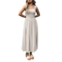 Women's Square Neck Sleeveless A-Line Maxi Dress, Casual Solid Color Pleated Waist Long Dress, 2026 Summer Basic Dress With Pocket - 玫紅色 - 查看 6