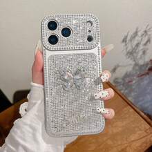 Ốp lưng điện thoại hình bướm đính đá 3D sang trọng, có dây đeo, phù hợp với 17 Pro Max/17 Pro/17, 16 Pro Max/16 Pro/16, 15 Pro Max/15 Pro/15, 14 Pro Max/13, ốp bảo vệ điện thoại lấp lánh thanh lịch. - Bạc - Xem 7