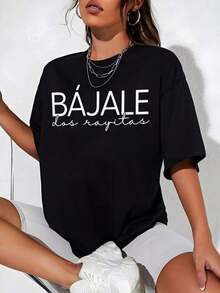 Playera Negra de Mujer con Frase Mexicana "BÁJALE Dos Rayitas", Camiseta Sarcástica de Moda Urbana, Blusa de Estética Atrevida con Humor Mexicano, Top Casual para Regalo Divertido o Outfit de Diario - Negro - Ver 1