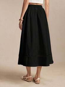 Falda de mujer con diseño de parche, bolsillo lateral y dobladillo de encaje hueco, versátil para oficina, ocasiones formales, elegante transporte urbano, casual diario, retro romántico de los 90, fiesta, invitada de boda, dama de honor, anfitriona, salida, social, cita, fiesta, concierto, ceremonia de graduación, brunch, aeropuerto - Negro - Ver 3