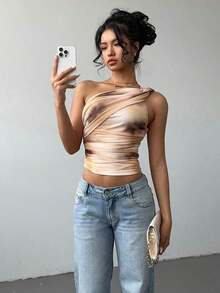 Blusa de hombros descubiertos sin mangas con estampado de teñido anudado, estilo Y2K, de corte ajustado y fruncido con lazo delantero - Multicolor - Ver 12