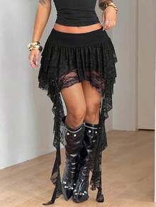 Conjunto de primavera para concierto, festival de música y fiesta - Ropa casual con volantes y flecos de cintura baja, estilo Y2K para mujer - Negro - Ver 9
