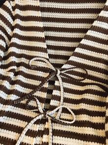 Selcouth Plus Size Women Striped Casual Versatile Daily Wear Top, V-Neck Textured Striped Vacation Casual Top, Summer Outfits For Plus Size Women - Brown - View 6