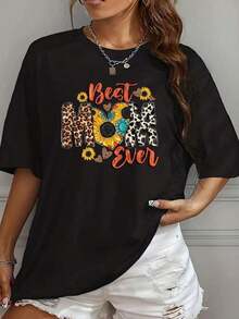 Leopard And Sunflower Print T-Shirt "World's Best Mom" For Women, Mother's Day Gift, Casual Summer Top, Comfortable And Versatile Short Sleeve. - 黑色 - 查看 11