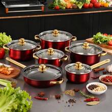 12PCS Red Induction Non Stick Stainless Steel Cookware Cooking Pot Pan With Lids Set - View 3