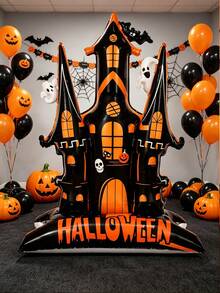 60 Inch Standing Halloween Castle Foil Balloon - Ghost, Bat, Pumpkin, Skeleton Design, Black And Orange Design, No Assembly Required, Indoor/Outdoor Use, Halloween Decoration, Spooky Atmosphere Decor - Halloween Castle - View 2