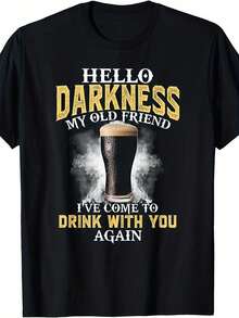 "Hello Darkness, My Old Friend" Beer T-Shirt - Vintage Design For Pub Crawl With Irish And Stout Phrases, 100% Loose Fit Short Sleeve T-Shirt For Irish Pubs, Parties And Casual Wear (Black And Yellow Print) - 黑色 - 查看 7