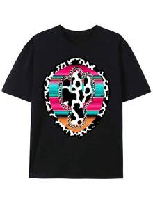 Men's Cotton T-Shirt With Western Cowboy Print, Casual Short-Sleeved Crew Neck T-Shirt, Men's Outdoor Clothing - 黑色 - 查看 11