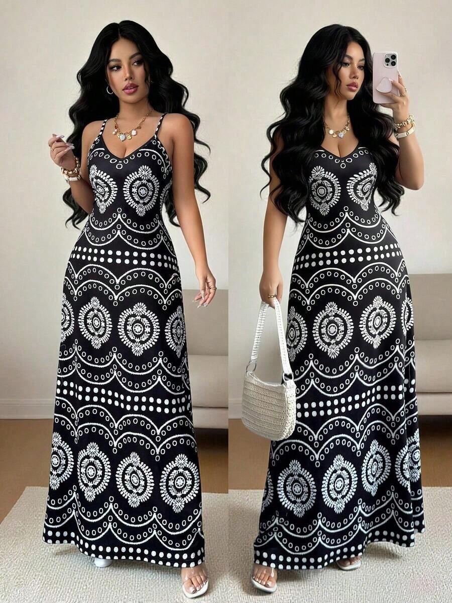 Vestido casual de vacaciones con estampado retro Perris para mujer - Negro - Ver 1