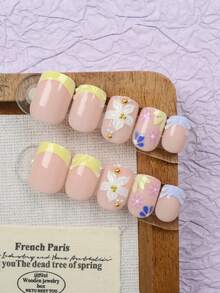 24pcs Square & Round Summer Fake Nails, 3D Floral & Water Drop Square French Manicure Cute Acrylic Nail Stickers, Nail Gel & File Included, Suitable For Women Daily, Date, Party - Multicolor - View 3