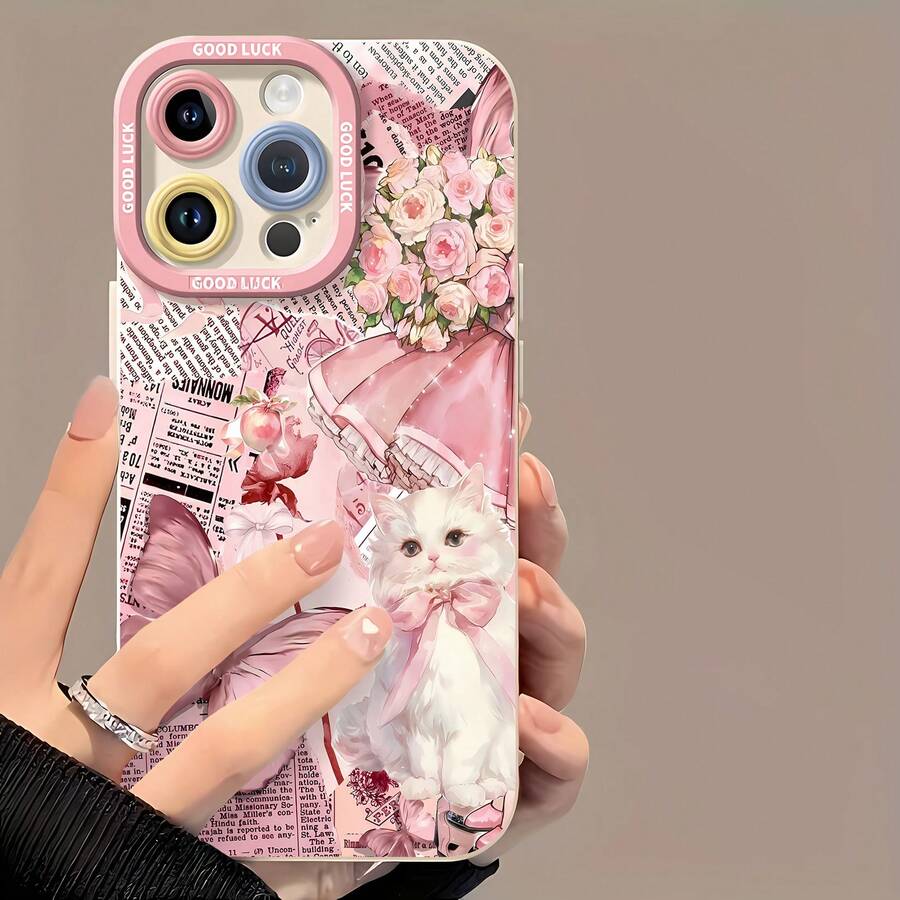 Collage de cisne rosa, gato, mariposa y rosasfunda de teléfono Fundas compatibles con ,Apple,VIVO,OPPO,,, y Honor.Fabricadas en silicona TPU,ofrecen protección contra golpes y caídas. - Blanco - Ver 1