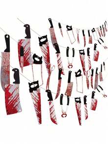 12pcs/Set Halloween Party Blood Knife Weapon Banner, Haunted House Realistic Blood-Stained Hanging Decorations, Halloween Vampire Party Supplies, Suitable For Halloween Room Decor, Bar Supplies, Indoor And Outdoor Decor, Horror Party Background Decor - View 3