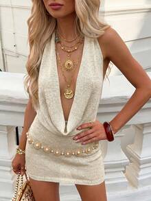 Vestido de punto ajustado con cuello de atar, espalda descubierta, estilo minimalista, elegante y casual, ideal para vacaciones, playa, club y eventos de boda, primavera, verano y otoño - Albaricoque - Ver 7
