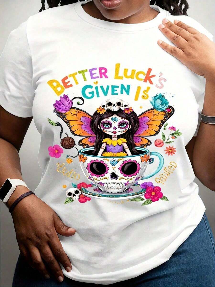 Black T-Shirt With Floral Design "Better Luck's Given 13" Of A Cute Day Of The Dead Sugar Skull Girl In A Teacup, Ideal For Halloween Parties And Casual Wear, 100% Cotton. - 白色 - 查看 1