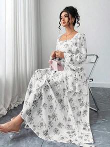 Vestido elegante de manga farol con volantes en el bajo y estampado floral para mujer de talla grande - Negro - Ver 4