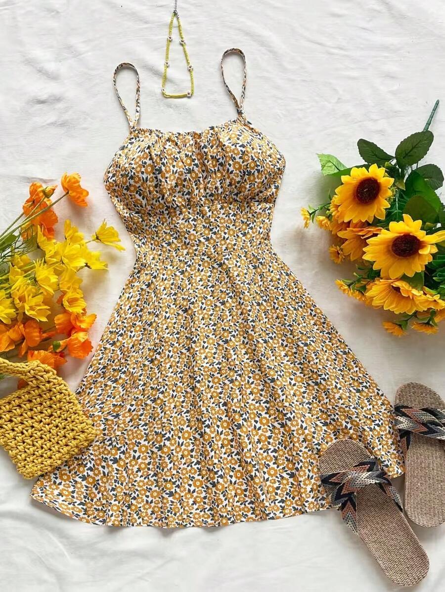 Women's Floral Print Tie Strap Mini Dress, Square Neck Ruched Bust A-Line Sundress, Casual Summer Beach Dress - 黃色碎花 - 查看 1