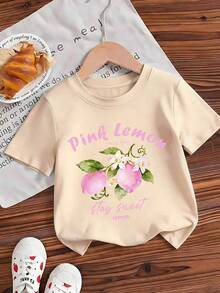2pcs Set Short Sleeve T-Shirt And Striped Shorts Combination Suitable For Girls, Teens, Printed With Pink Lemon Main Graphic Pattern - Multicolor - View 5
