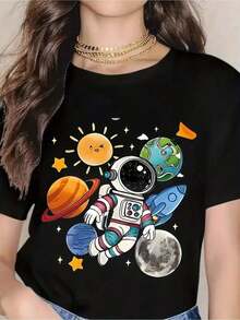 Adorable Astronaut Space Adventure T-Shirt For Women, Fun Galaxy Design With Planets And Moon, Black Crew Neck T-Shirt For Casual Wear, Perfect Gift For Space Lovers, Ideal For Birthdays, Halloween, Or Everyday Outfits - Unisex Loose Cotton Short Sleeve Crew Neck T-Shirt, Vintage Urban Style - 黑色 - 查看 7