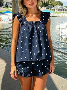 Women 2 Piece Pajamas Outfits Summer Dot Print Ruffled Trim Sleeveless Tank Tops And Shorts Set Sleepwear - Blue - View 1
