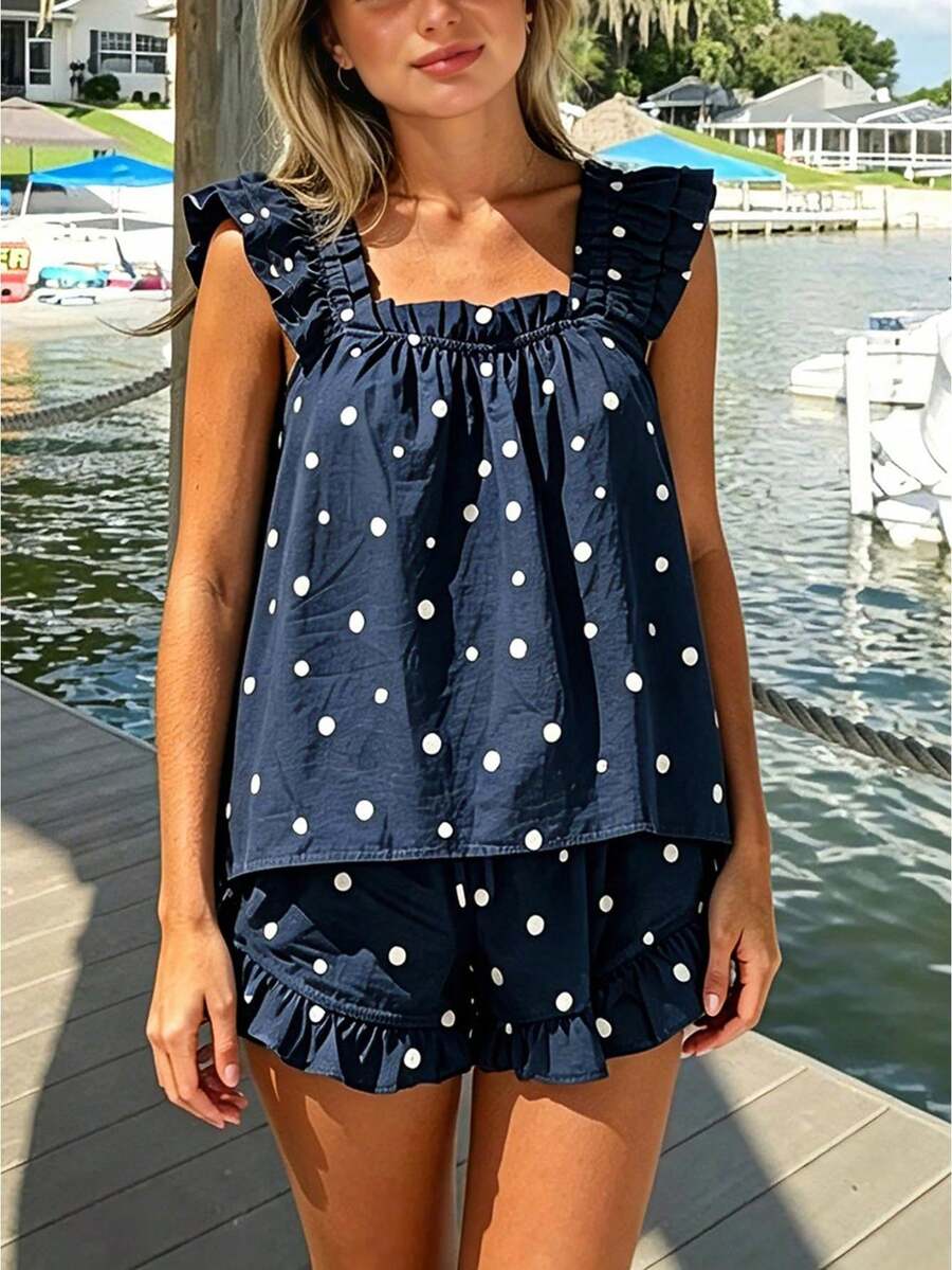 Women 2 Piece Pajamas Outfits Summer Dot Print Ruffled Trim Sleeveless Tank Tops And Shorts Set Sleepwear - Blue - View 1