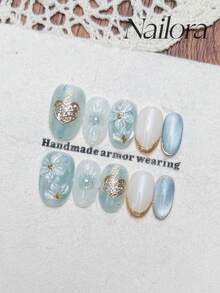 10pcs Handmade Nails Oval Nails Homemade Press On Nails Acrylic Short Mint Green Blue Nails, Cateye Gold Foil Glitter 3D Floral Cherry Blossom Lines,Summer Nails DIY False Nail Art Party Daily Dating Vacation Outfits Women Girls Gift Nail Supplies - Multicolor - View 2