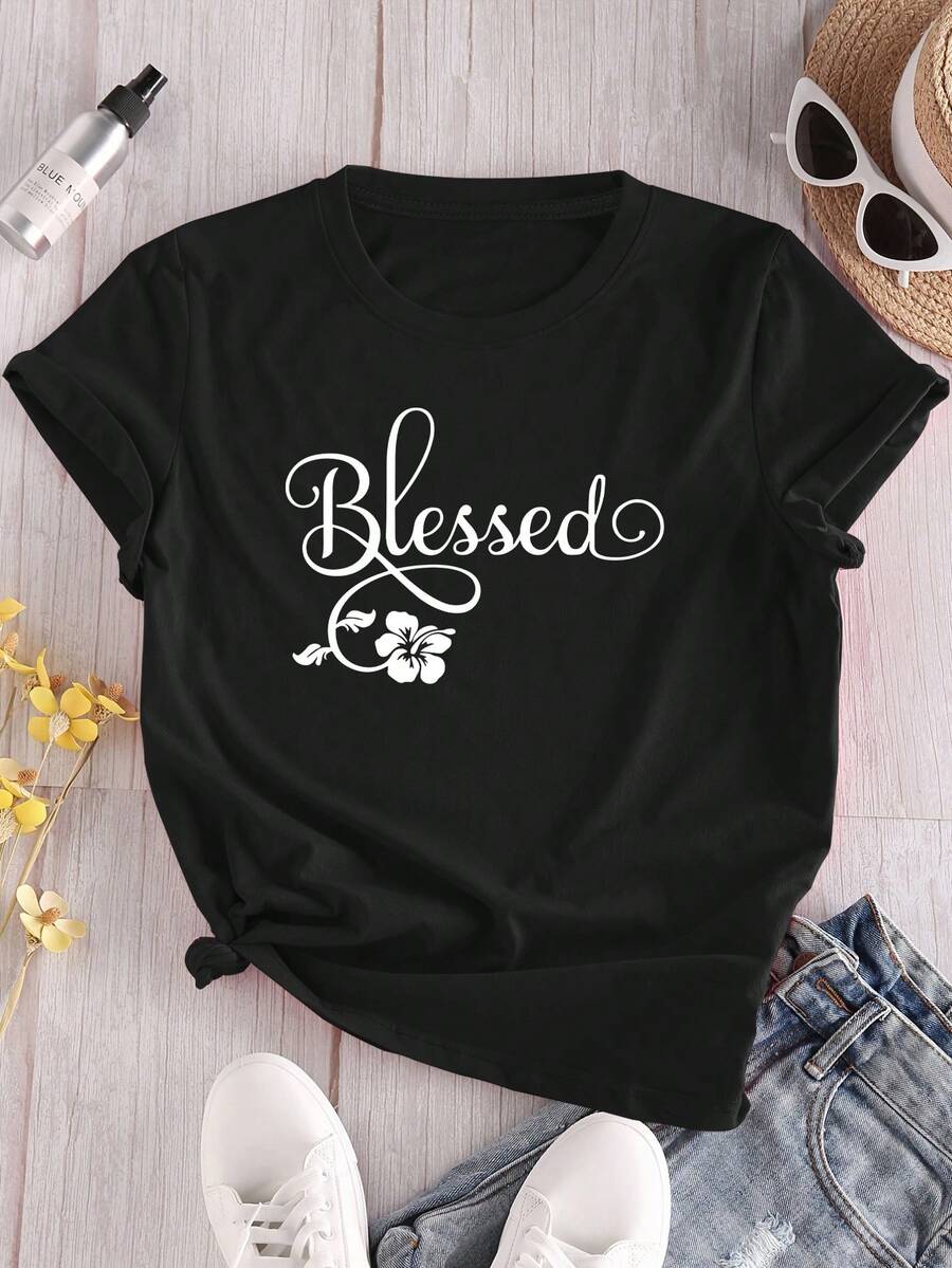 The "Blessed" Letter Print T-Shirt Is Stylish And Versatile, Suitable For All Skin Tones, And Can Be Worn For Everyday Wear As Well As Special Occasions. - Black - View 1