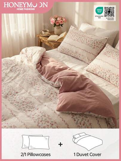 HONEYMOON Floral Printed Duvet Cover Set (2pcs=1 Duvet Cover+1 Pillowcase; 3pcs=1 Duvet Cover+2pcs Pillowcases)-100% Polyester Printing Pre-Washed Fabric, Soft And Breathable, Wrinkle Resistant, Pillowcase Without Filler(No Comforter)-T F Q K Size For Home And Dorm, Oeko-Tex Certified