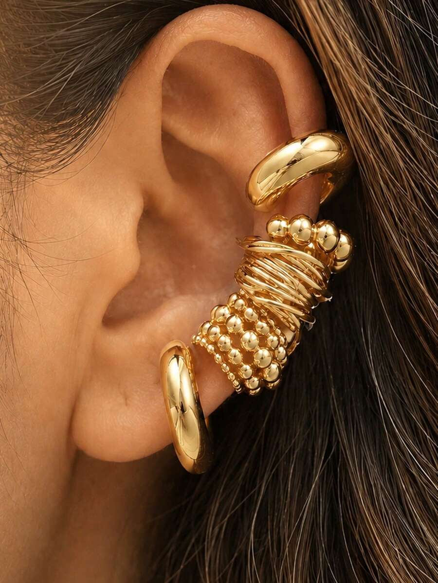 5pcs Vintage Exaggerated Fashion Copper Wide Face Hoop Earrings Set, Suitable For Sisters, Couples, Vacation, Dates, Daily Casual, Parties, Weddings, Gifts For Mom And Friends - Yellow Gold - View 1